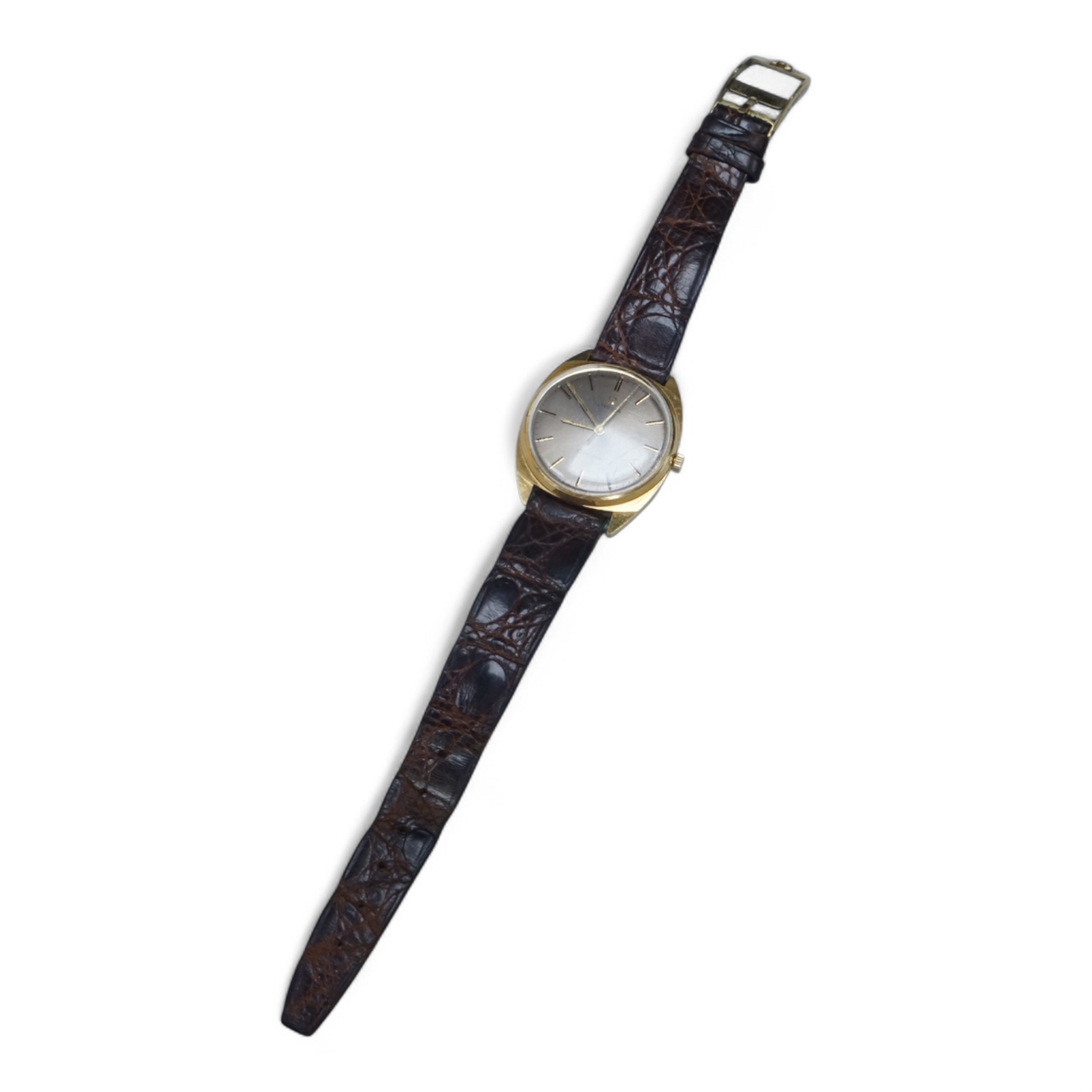 A gentleman's early 1970's 18ct gold Omega manual wind wrist watch, with baton numerals, case diameter 35mm, movement c.601, on a leather strap with gold plated buckle, no box or papers.